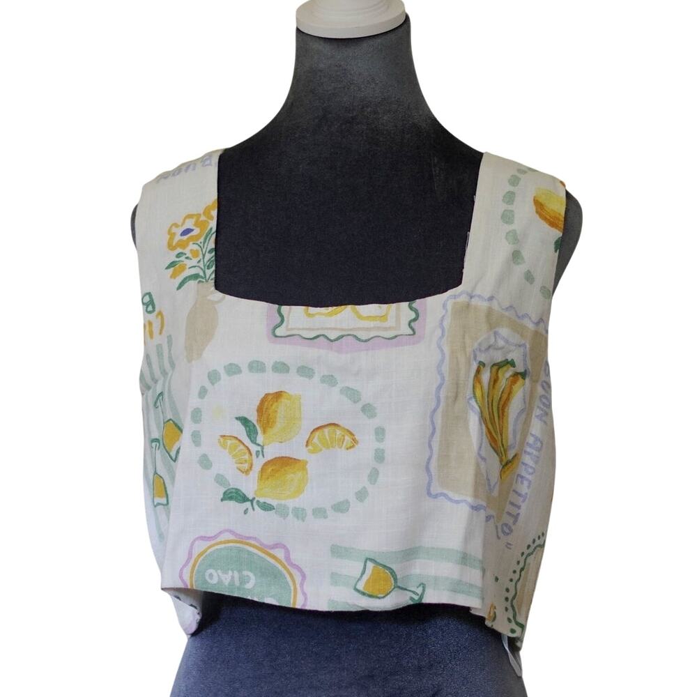 Paper Heart Linen Blend Lemon Fruit Print Crop Top Women's L Square Neck NWT